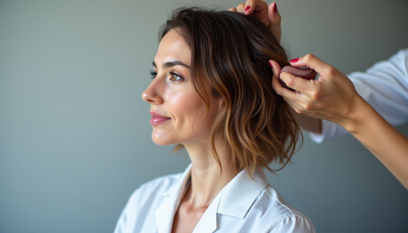 Femme en train de coiffer ses cheveux en carré déstructuré effilé avec les doigts et un produit texturant