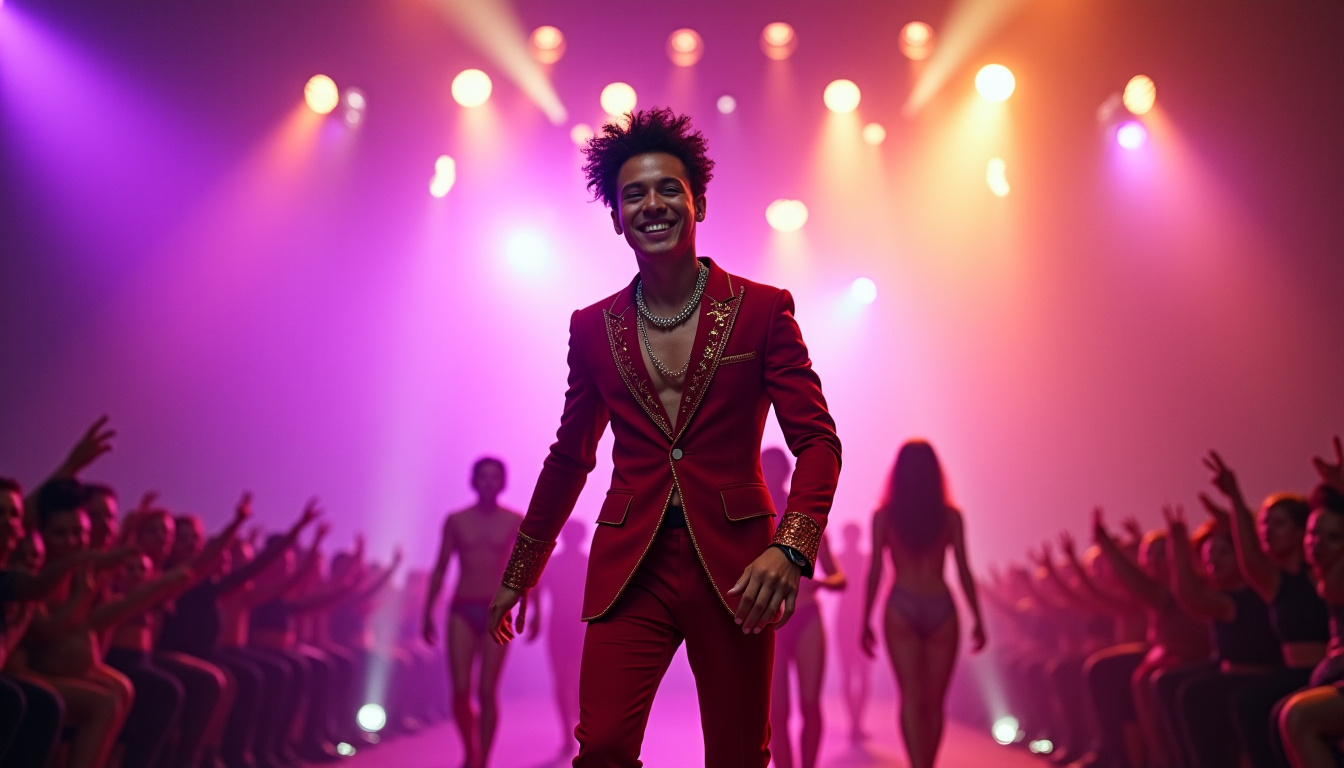 Bruno Mars en pleine performance sur scène, entouré de lumières vives et de danseurs, souriant avec une énergie contagieuse