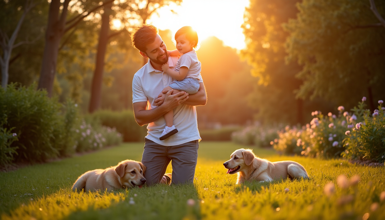 Bruno Mars en tenue décontractée, tenant sa fille dans ses bras, souriant doucement dans un jardin ensoleillé, un chien à leurs pieds, ambiance chaleureuse et naturelle