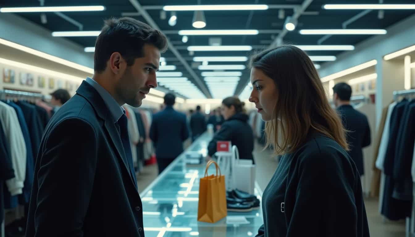 Client en désaccord avec un vendeur dans un magasin Zara, ambiance tendue près de la caisse