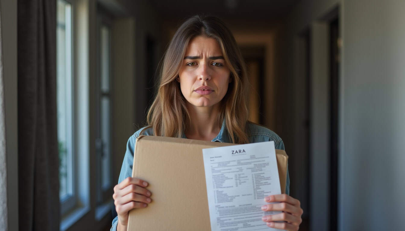 Client tenant un colis de retour Zara, regard contrarié, avec un formulaire imprimé à la main