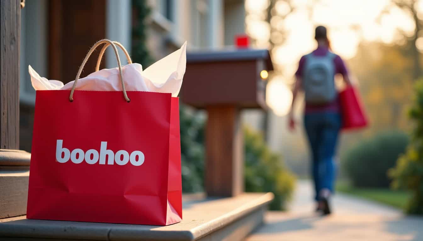 Colis Boohoo en cours de livraison avec transporteur et boîte aux lettres