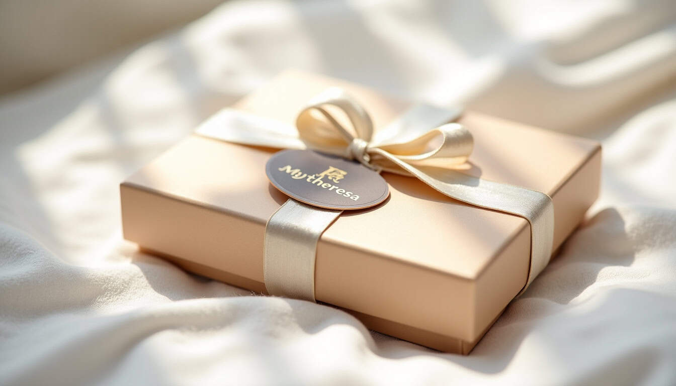 Colis Mytheresa soigneusement emballé avec boîte cadeau, ruban et carte de remerciement