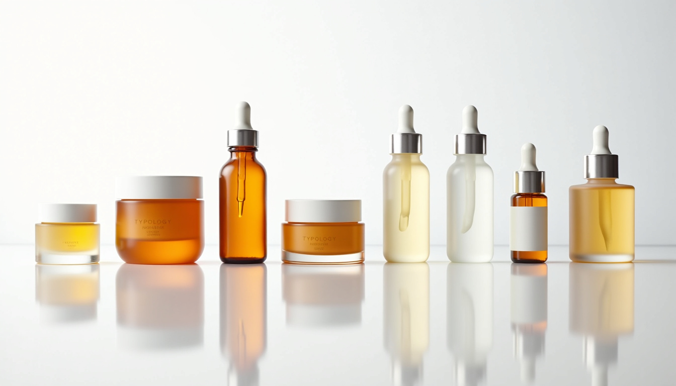 Comparaison de produits cosmétiques Typology et marques concurrentes alignés sur fond clair