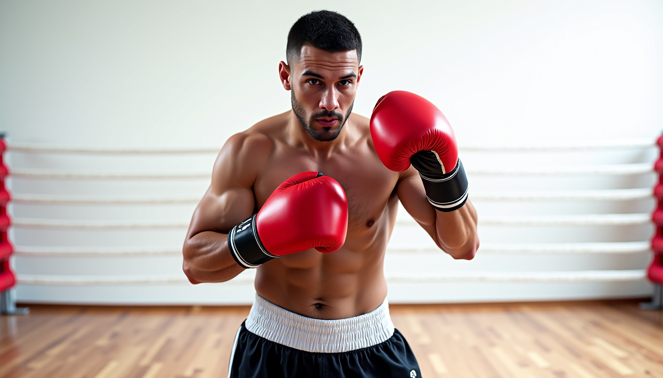 David Haye en tenue de boxe, posant avec une posture de combat, montrant sa garde orthodoxe et son allonge impressionnante