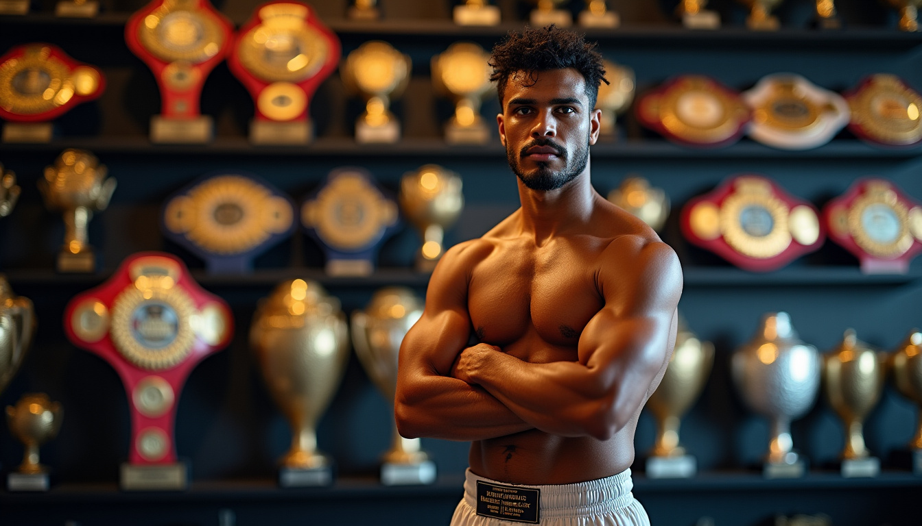 David Haye posant avec ses ceintures de champion du monde, entouré de ses trophées et médailles