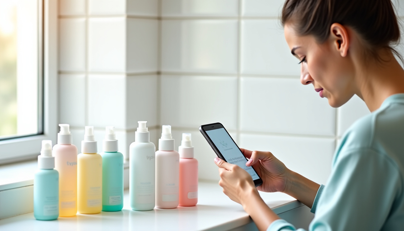 Femme consultant une routine de soins Typology sur son téléphone, entourée de produits