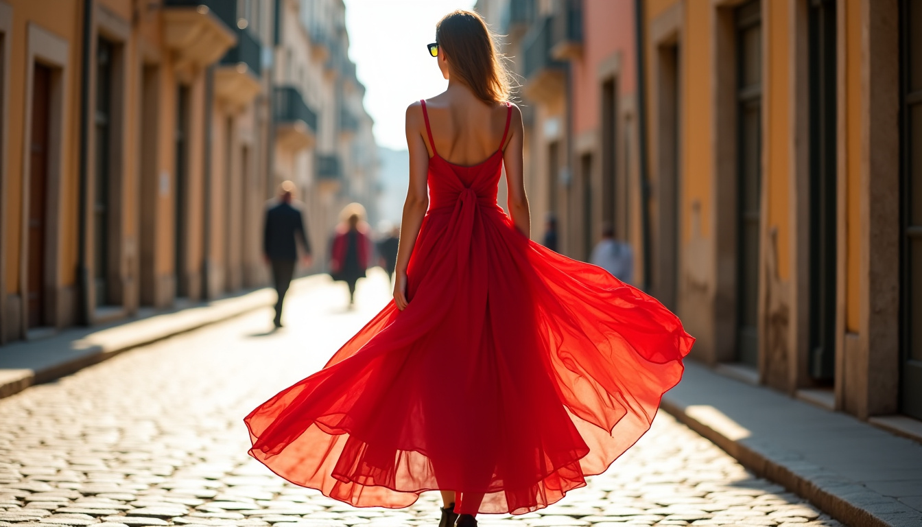 Mannequin portant une robe de créateur Revolve en situation réelle, montrant le tombé du tissu et le style global