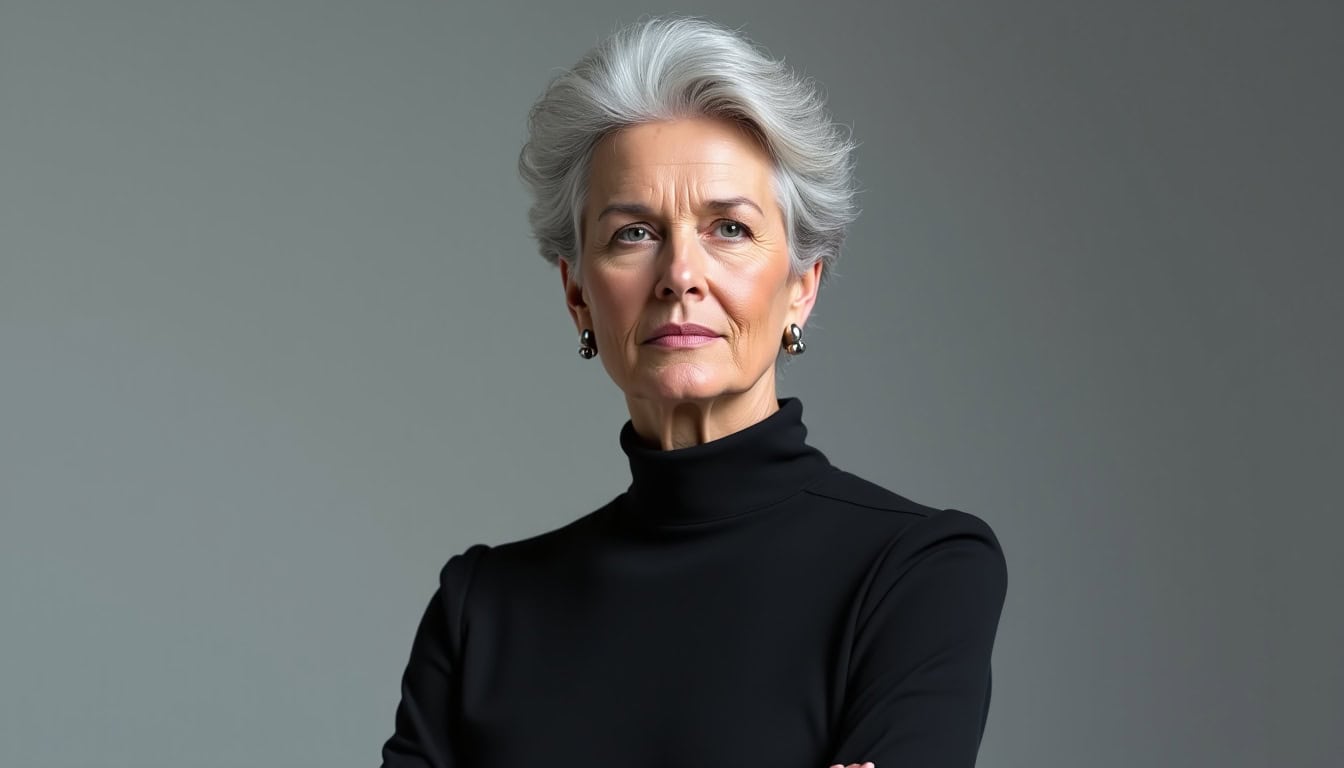 Portrait officiel de Sigourney Weaver, vêtue sobrement, regard direct, symbole d