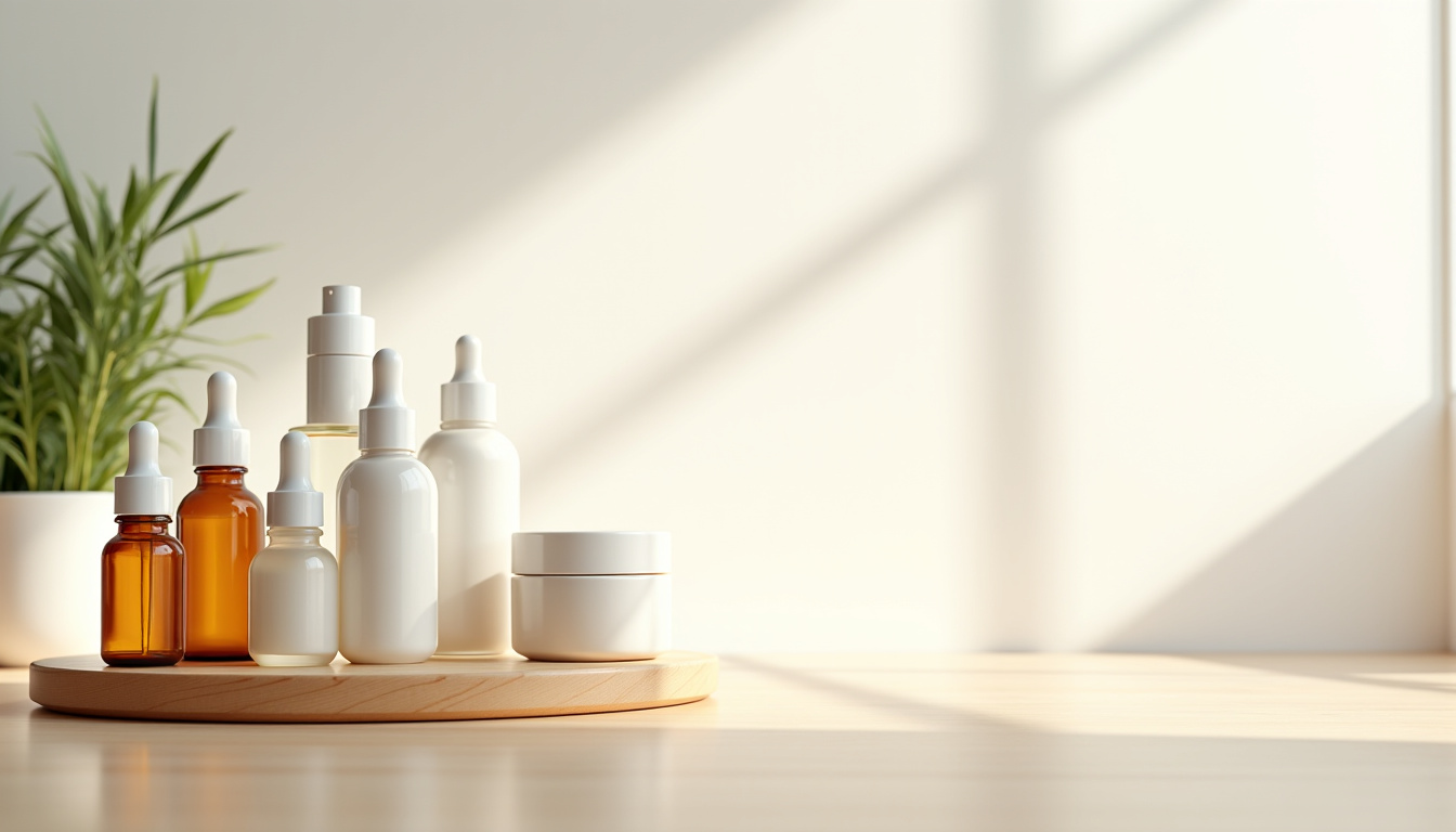 Produits Typology alignés sur une table en bois clair, dans un environnement lumineux et minimaliste