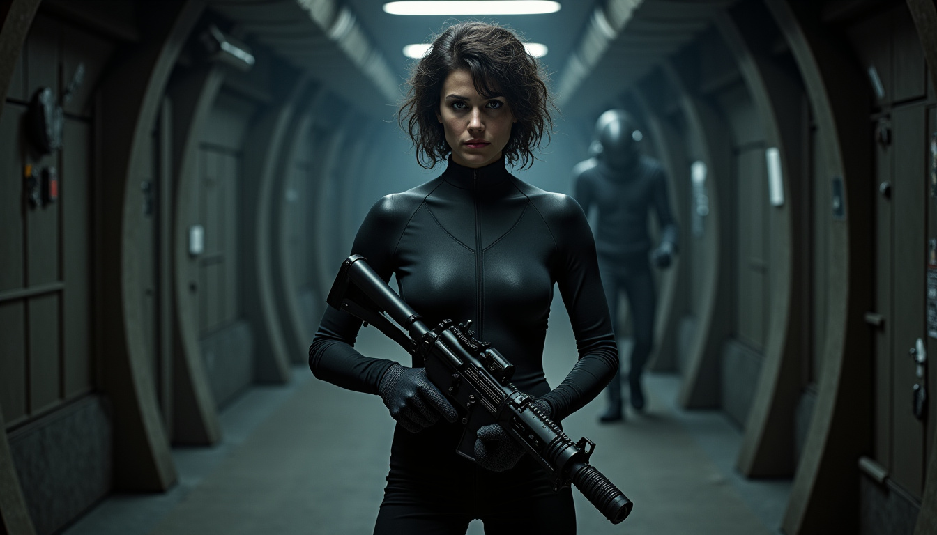 Sigourney Weaver dans une scène de Alien, montrant sa présence imposante face à l’alien