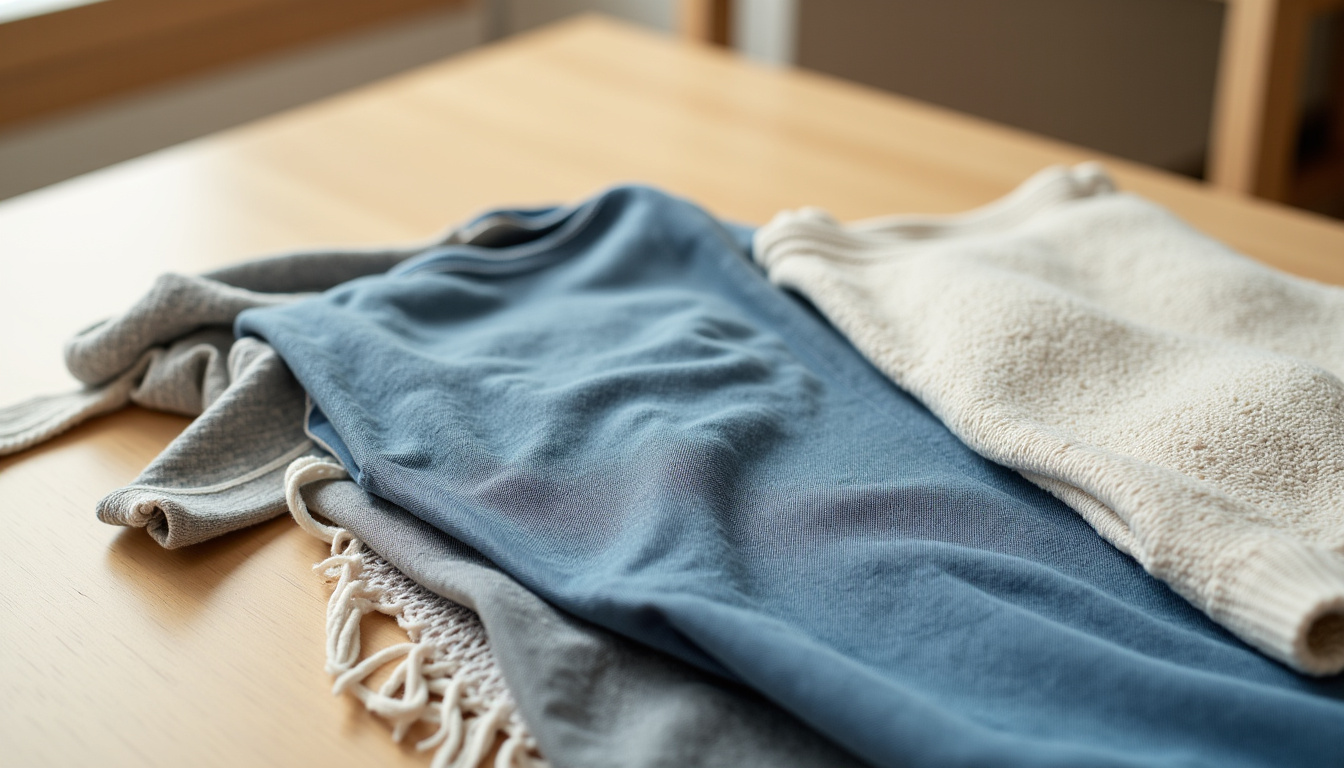 Vêtements Boohoo étalés sur une table, montrant différents types de matières et finitions