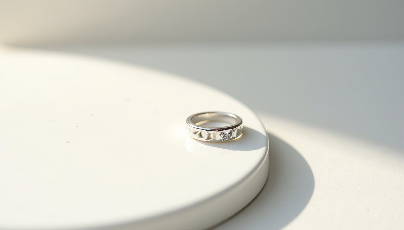 Bague en argent avec design contemporain présentant des lignes géométriques et une pierre centrale