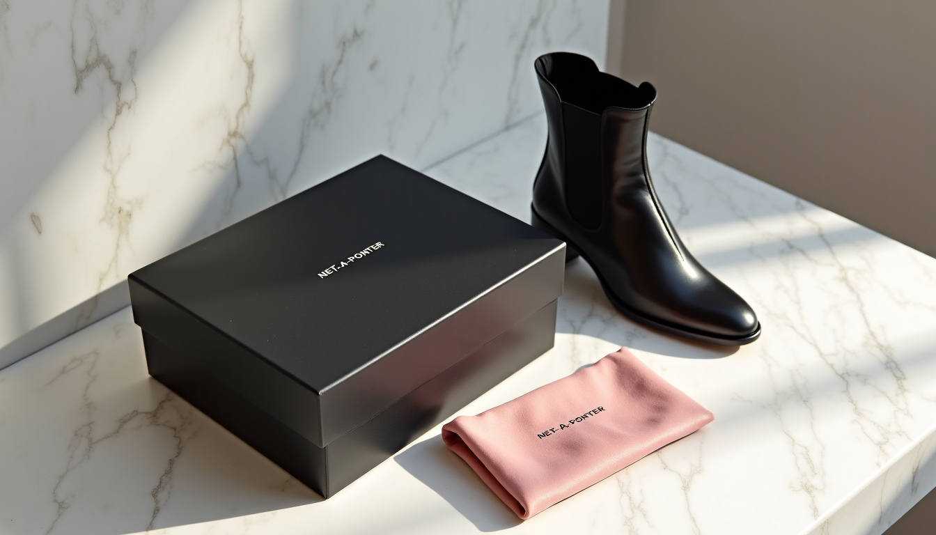 Colis Net-A-Porter avec emballage noir signature, pochette en soie et boîte de chaussures protégée