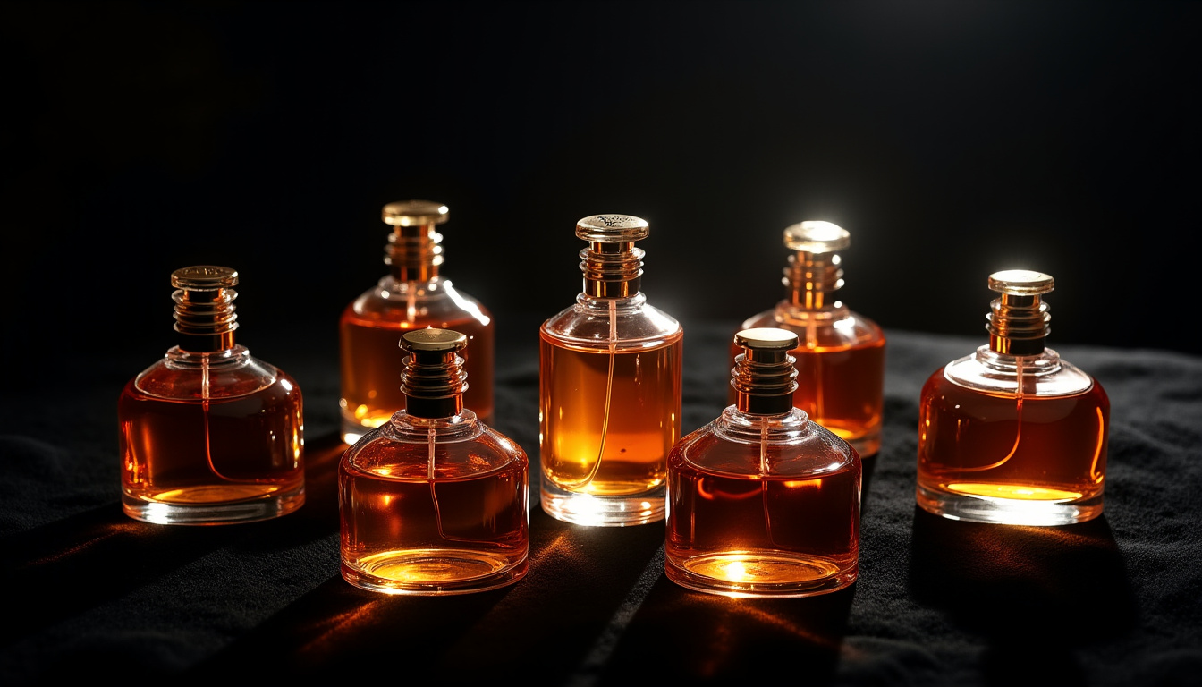 Collection de parfums YSL présentée sur un fond noir avec éclairage dramatique