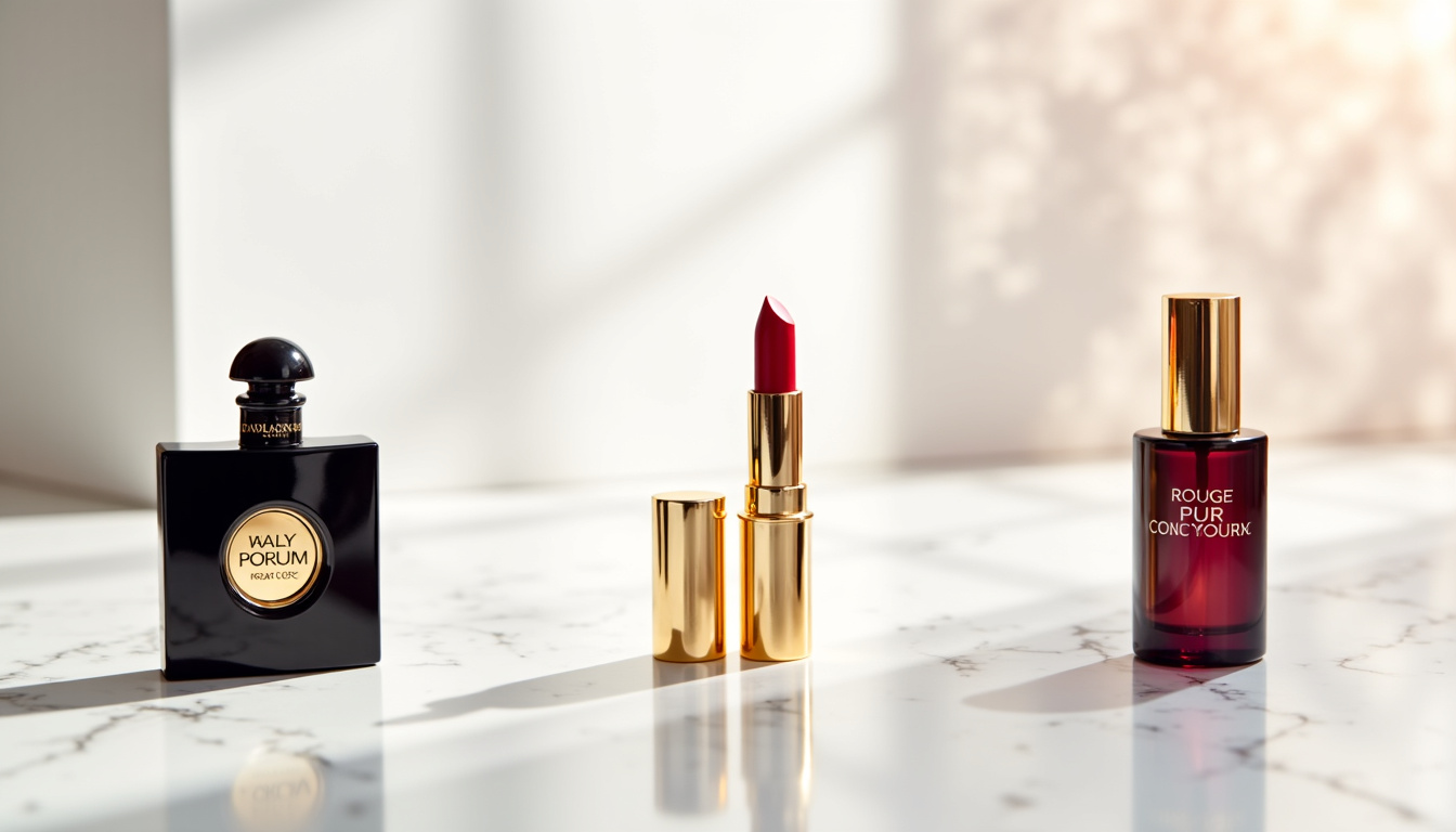 Comparaison des produits phares YSL: parfums, maquillage, soins disposés en tableau visuel