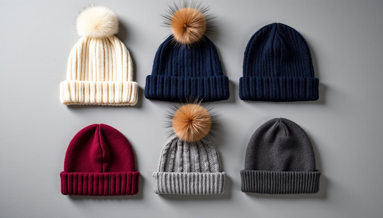 Comparatif visuel des formes de bonnets femmes tendance: bonnet slouchy, docker, à pompon, béret et toque