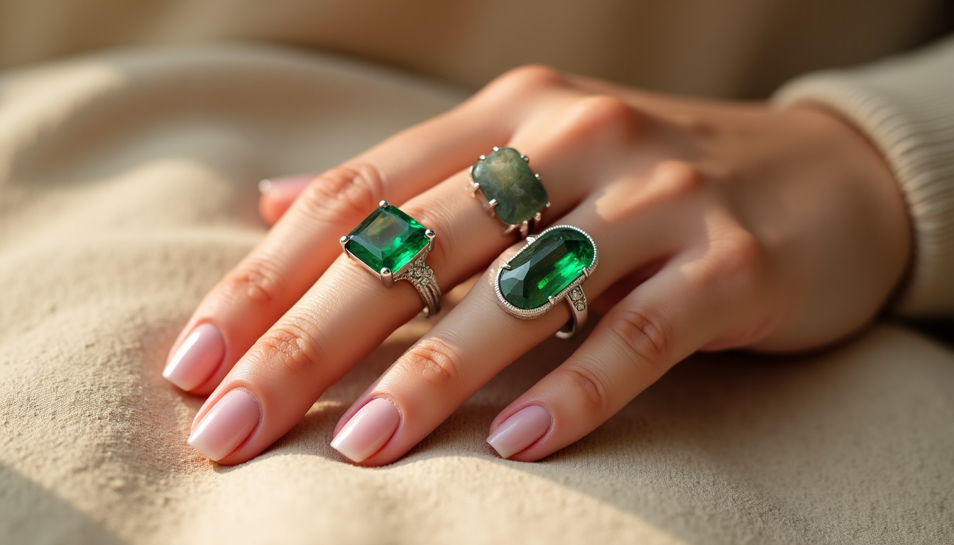 Différents styles de bagues à pierre verte portées sur la main