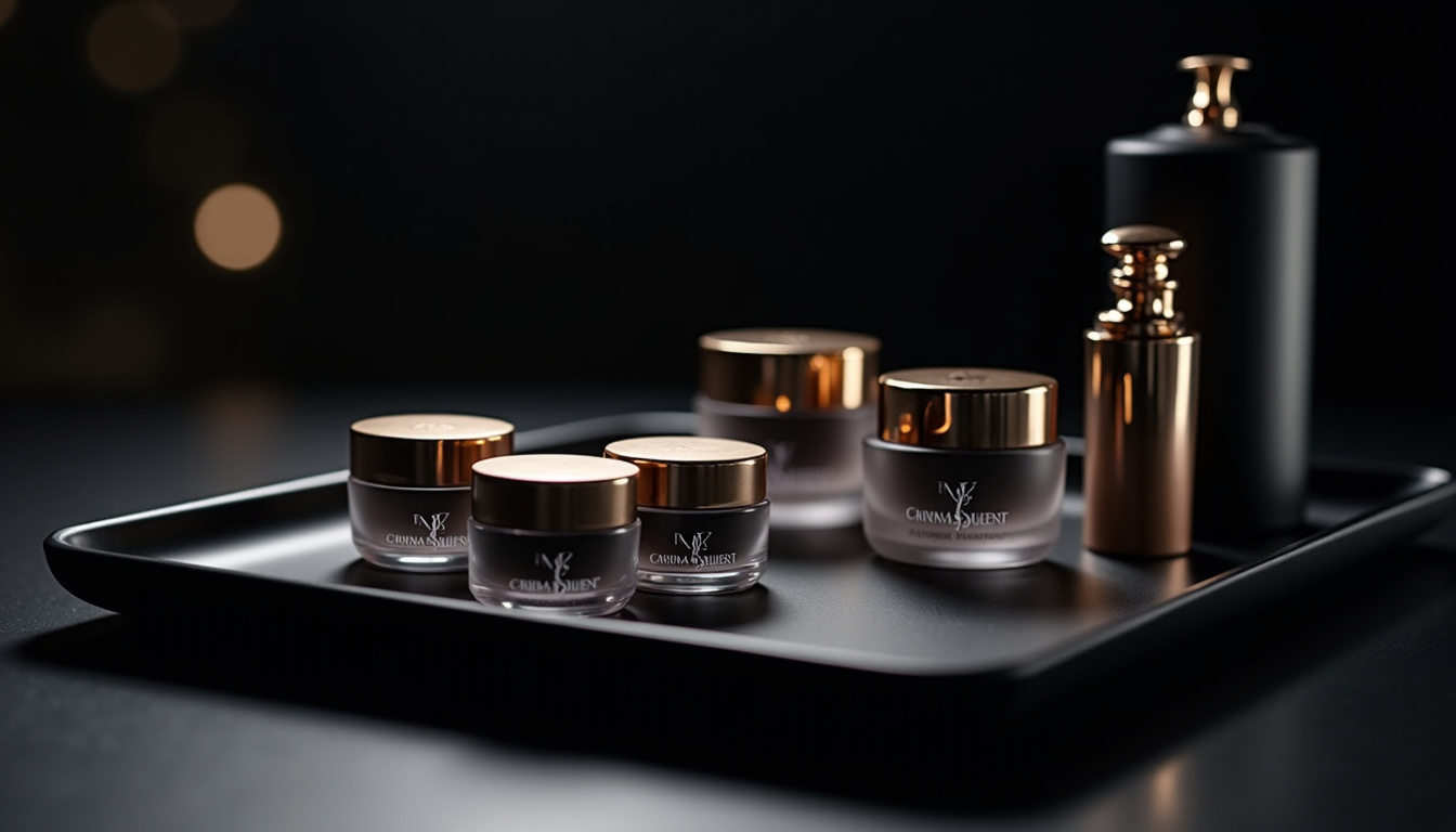 Échantillons de soins YSL présentés sur un plateau noir avec éclairage doux