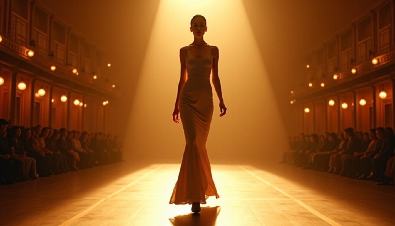 Elle Macpherson défiler pour une maison de mode dans les années 1980 sur un podium historique