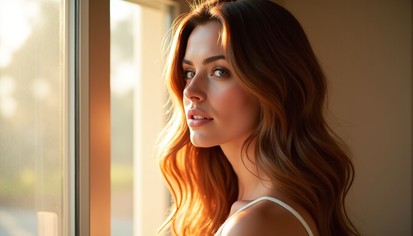 Femme avec un balayage miel sur cheveux châtain, effet soleil naturel