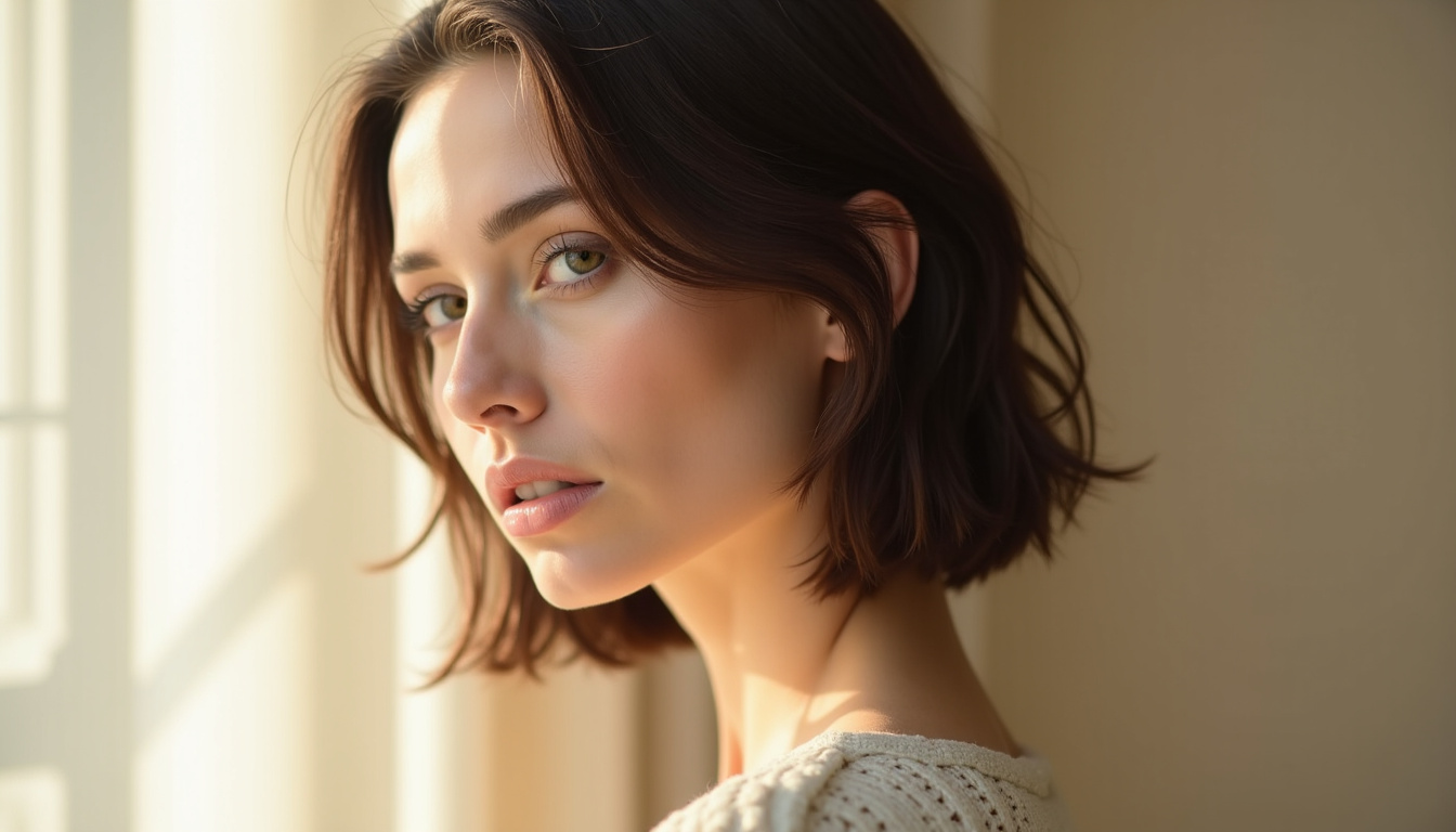 Femme avec un jawline bob, cheveux bruns, finition légèrement floue et mouvement naturel autour du visage