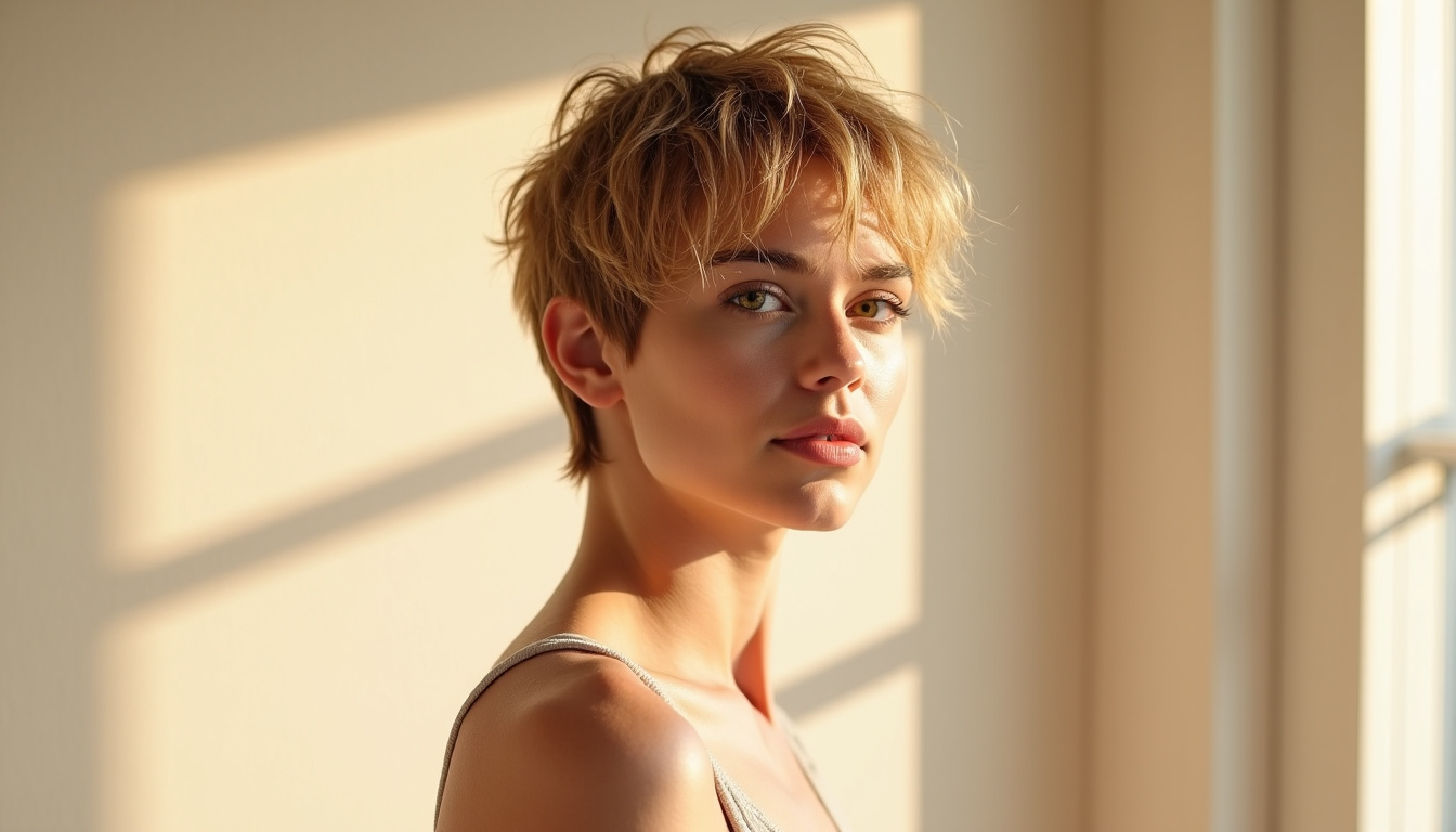 Femme avec une coupe pixie douce texturisée, cheveux blonds miel, style naturel et moderne