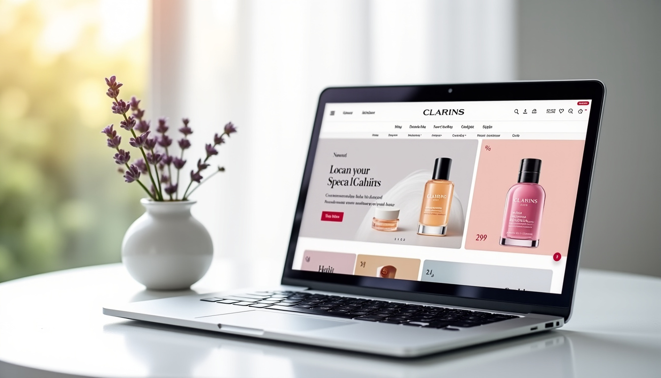 Interface d’un site de parfumerie en ligne affichant des produits Clarins en promotion