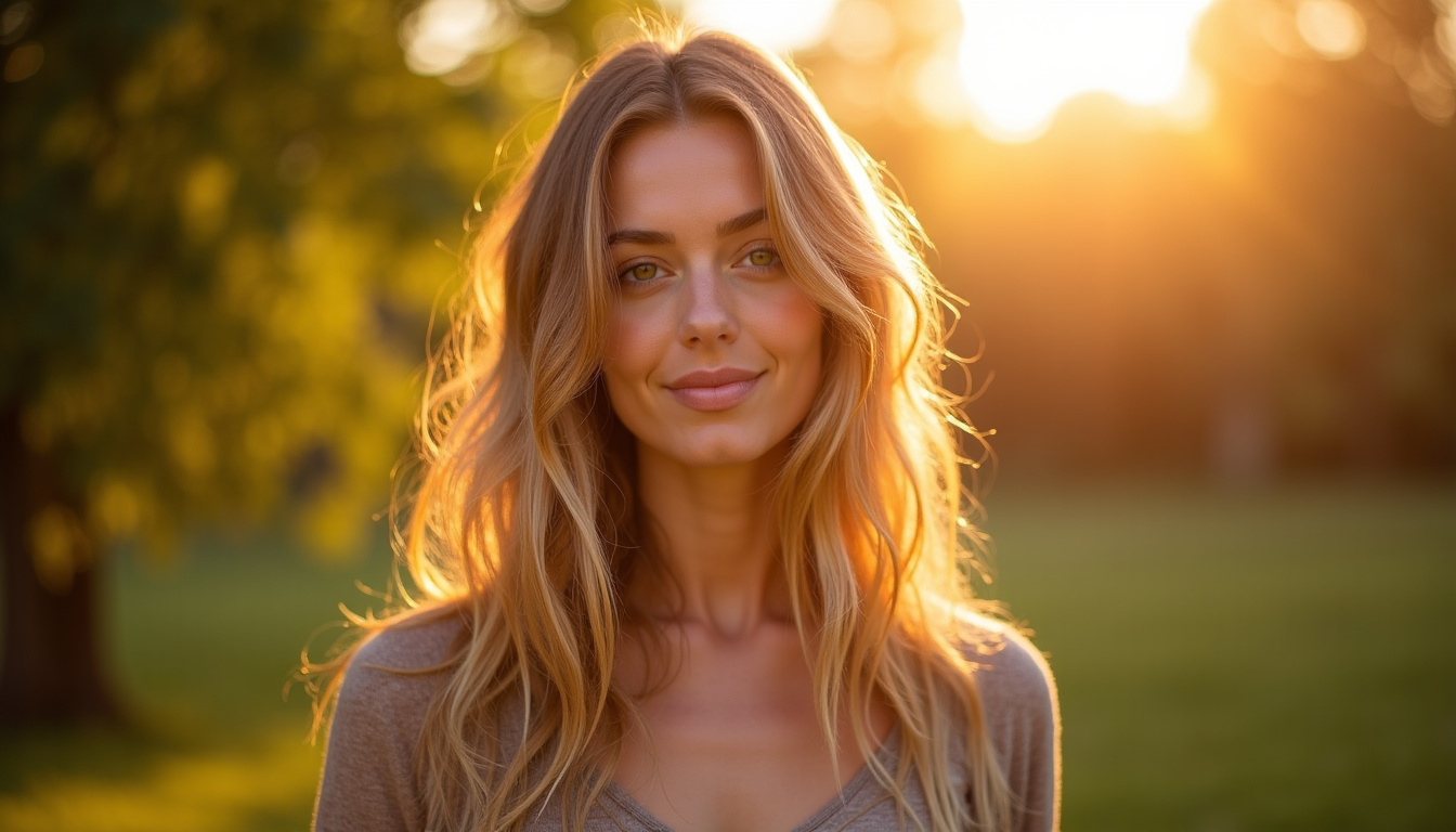 Mèches blond doré sur une base châtain clair, effet soleil naturel