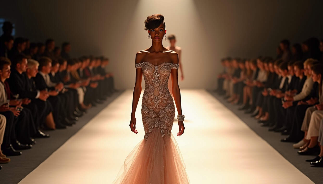 Naomi Campbell défiler lors de la Fashion Week de Paris, portant une création haute couture