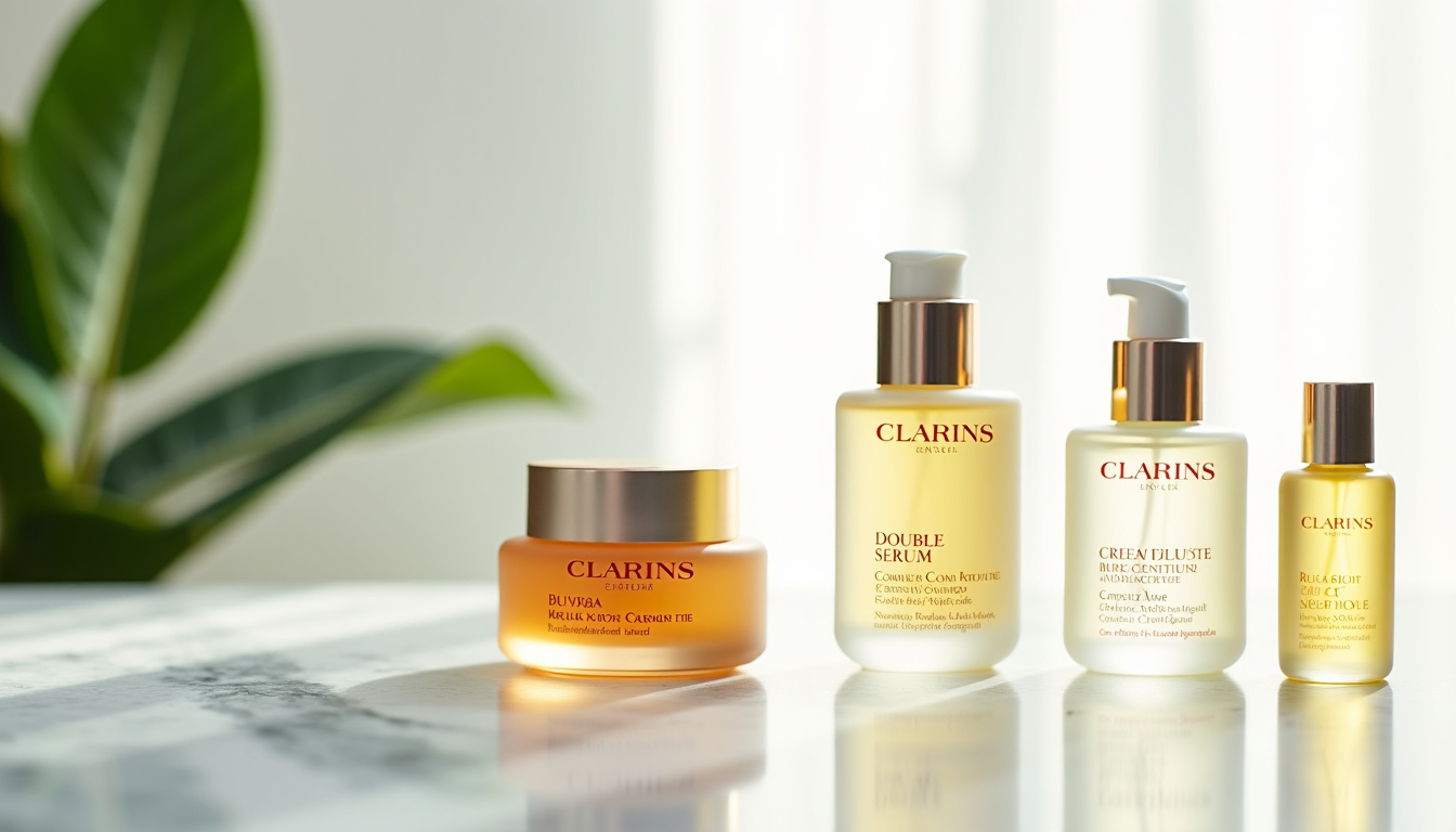 Présentation des produits phares de Clarins: Double Serum, Crème jour, Huile prodigieuse et gamme Green Planet
