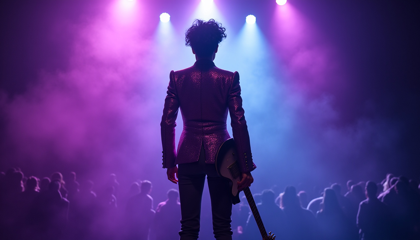 Prince en concert, vue de dos sur scène avec sa guitare signature