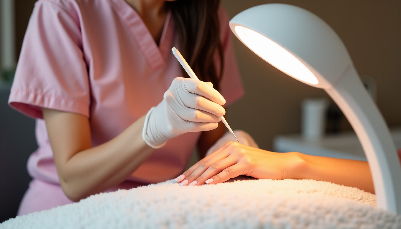 Prothésiste ongulaire réalisant un gainage sur les ongles naturels d