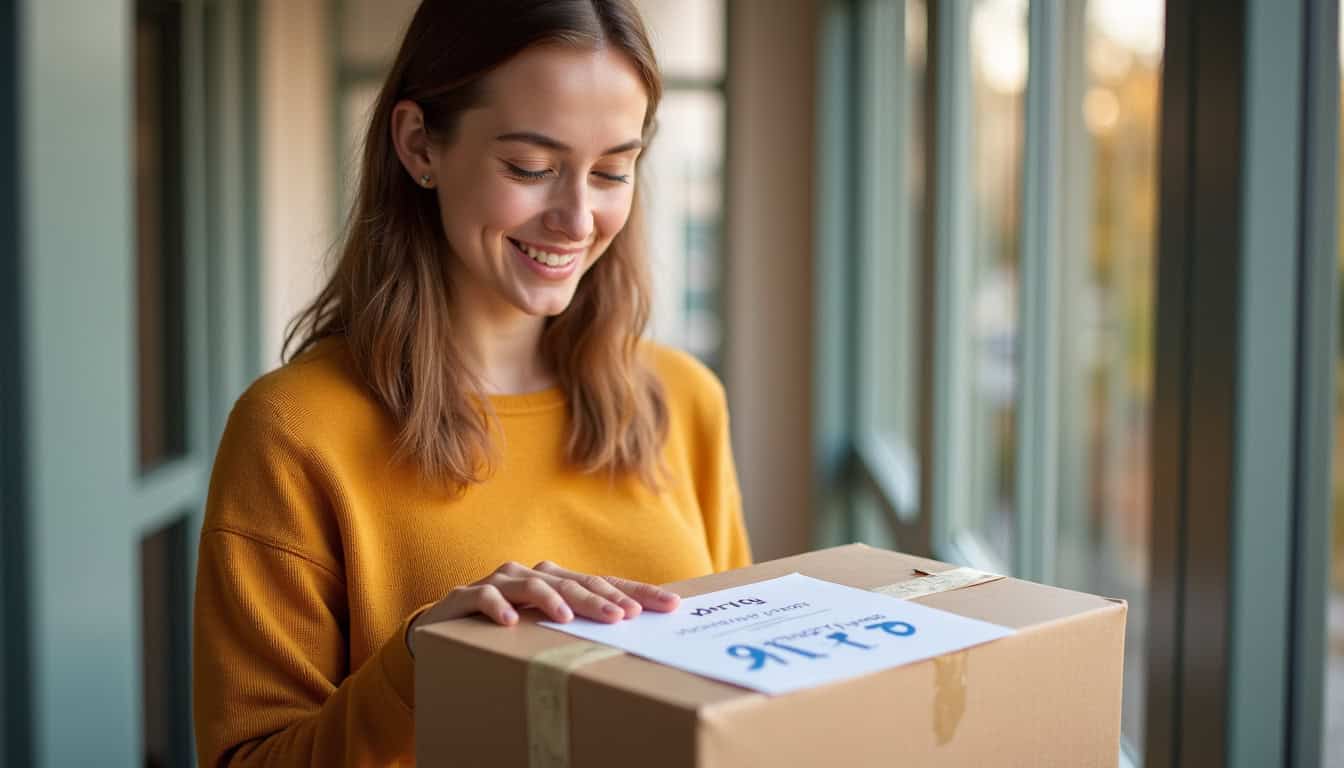 Utilisatrice souriante recevant un colis Depop bien emballé et accompagné d