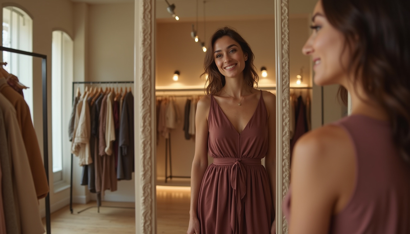 Cliente essayant une robe Maje en boutique parisienne, entourée de vêtements élégants et de luminaires design