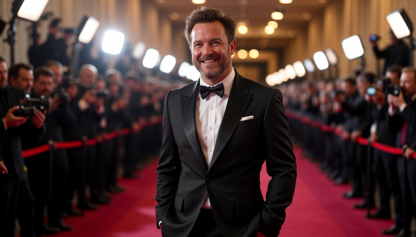 Ben Affleck sur un tapis rouge, en costume noir, souriant face aux photographes