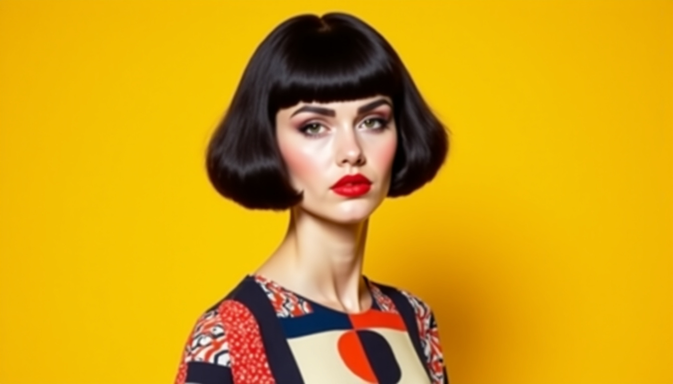 Célébrité portant une coupe au bol moderne, regard affirmé, style graphique années 60