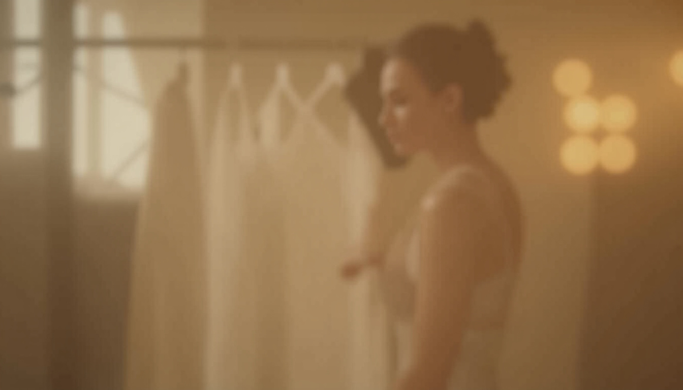 Cliente essayant une robe Maje en boutique parisienne, entourée de vêtements élégants et de luminaires design