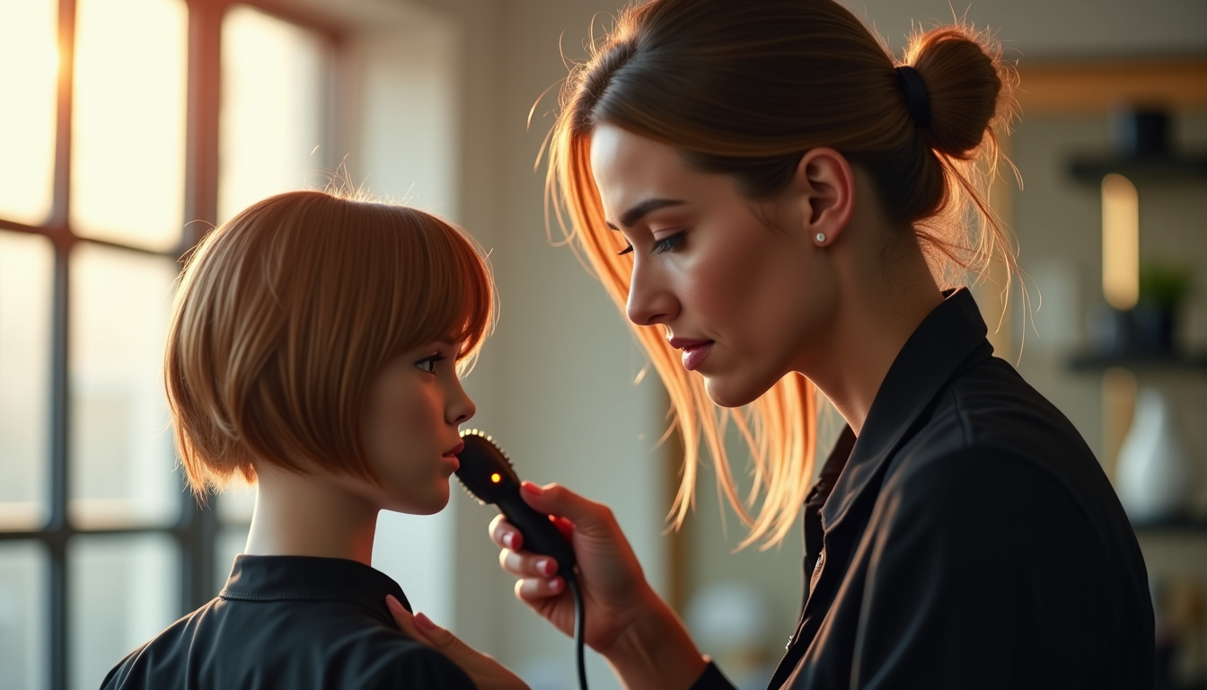 Coiffeuse utilisant une brosse ronde chauffante pour finaliser une coupe courte sur mannequin