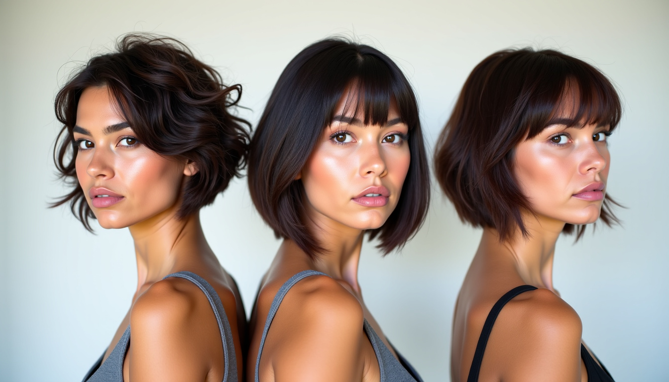 Collage de trois femmes portant différentes variantes de la coupe au bol: texturée, longue, et rasée sur les côtés