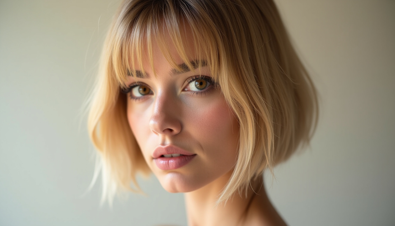 Femme au visage fin portant une coupe au bol moderne, reflets blonds, regard affirmé