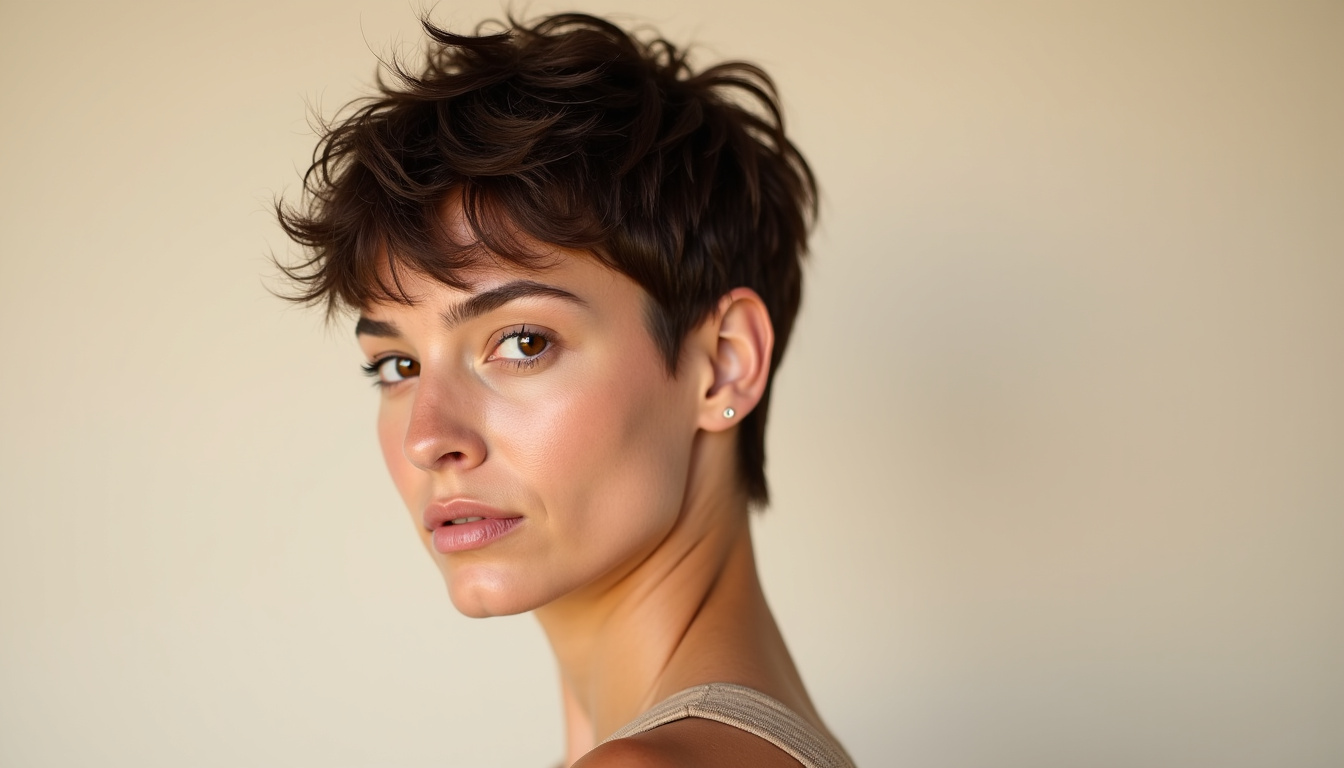 Femme avec une pixie moderne texturée, légèrement désordonnée, sur fond neutre