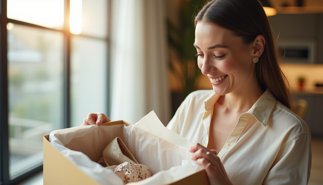 Femme ouvrant un colis Farfetch contenant des vêtements de luxe
