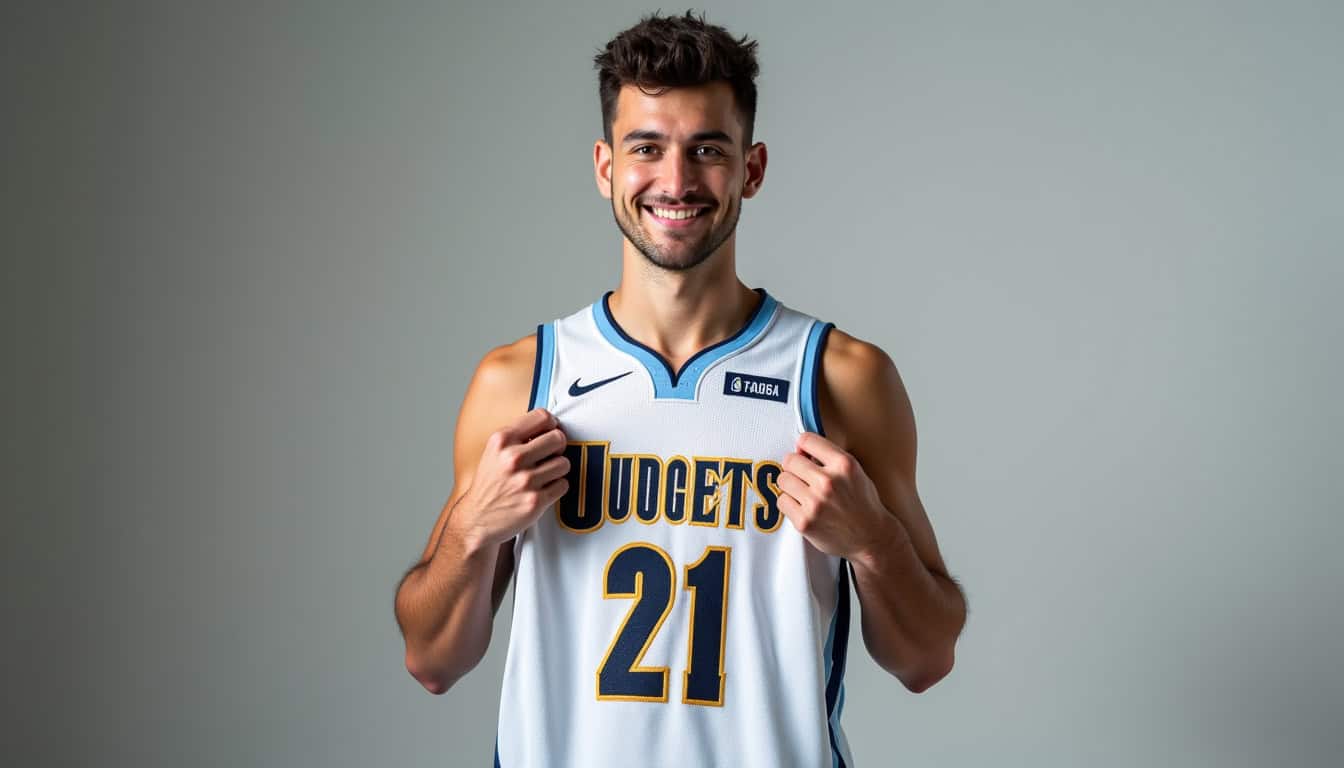 Nikola Jokić posant avec le maillot des Denver Nuggets, taille indiquée à 2,11 m