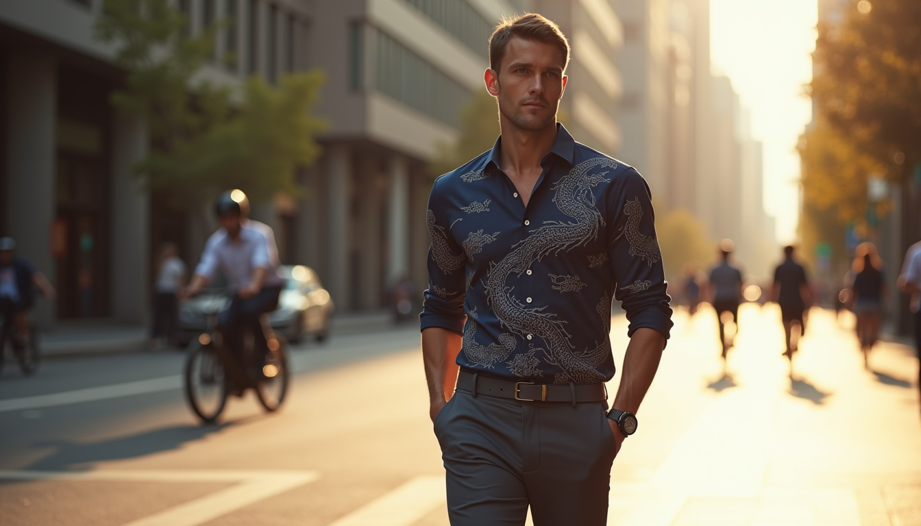 Personne portant une chemise dragon en ville, style urbain et élégant