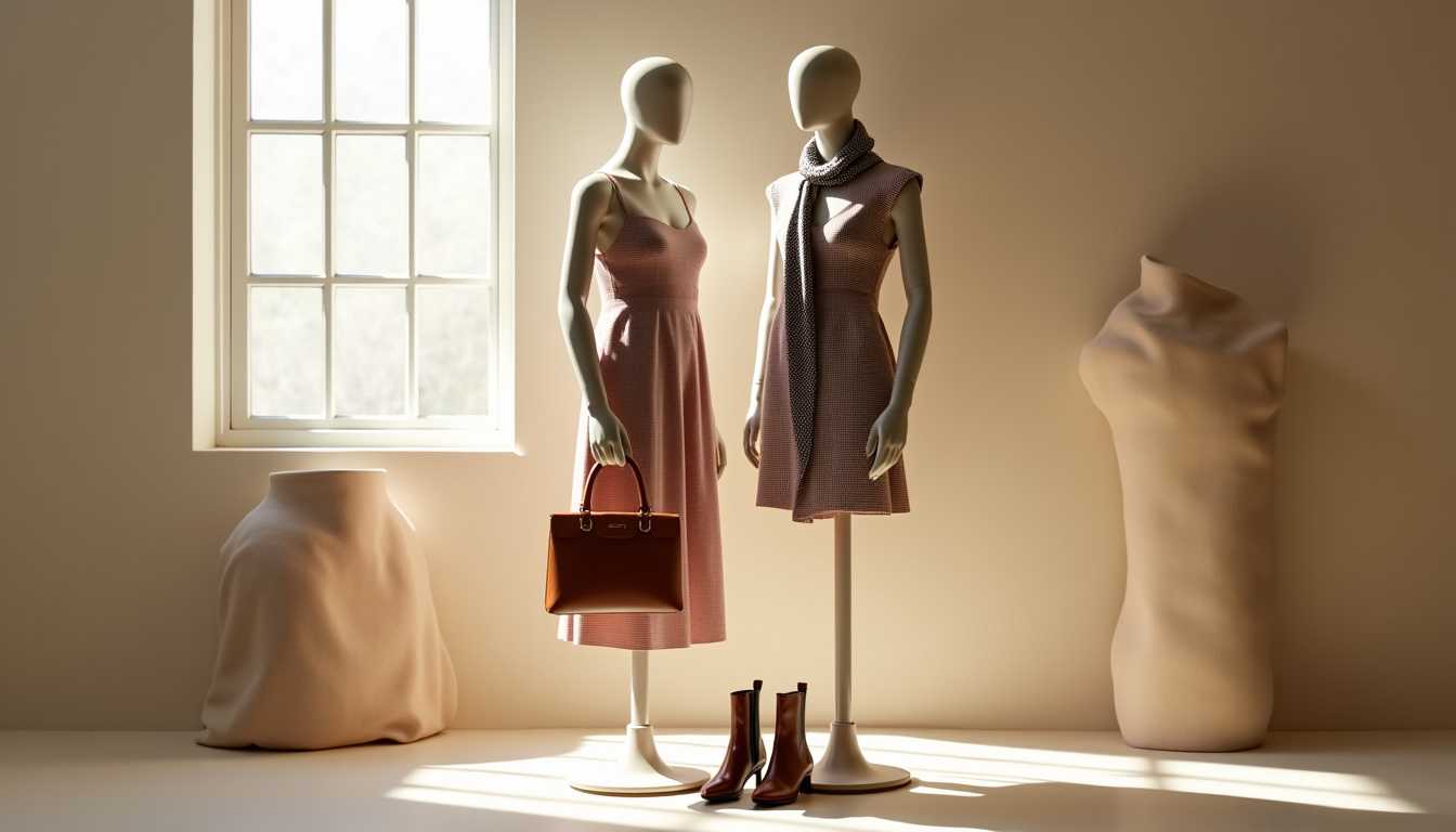 Produits Rouje présentés sur mannequin: robe, sac, chaussures et accessoires en situation de mise en valeur