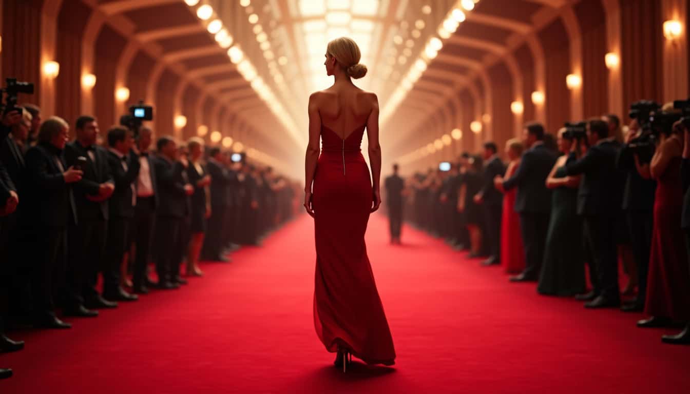 Reese Witherspoon sur un tapis rouge, portant des talons hauts et une robe élégante qui allonge sa silhouette