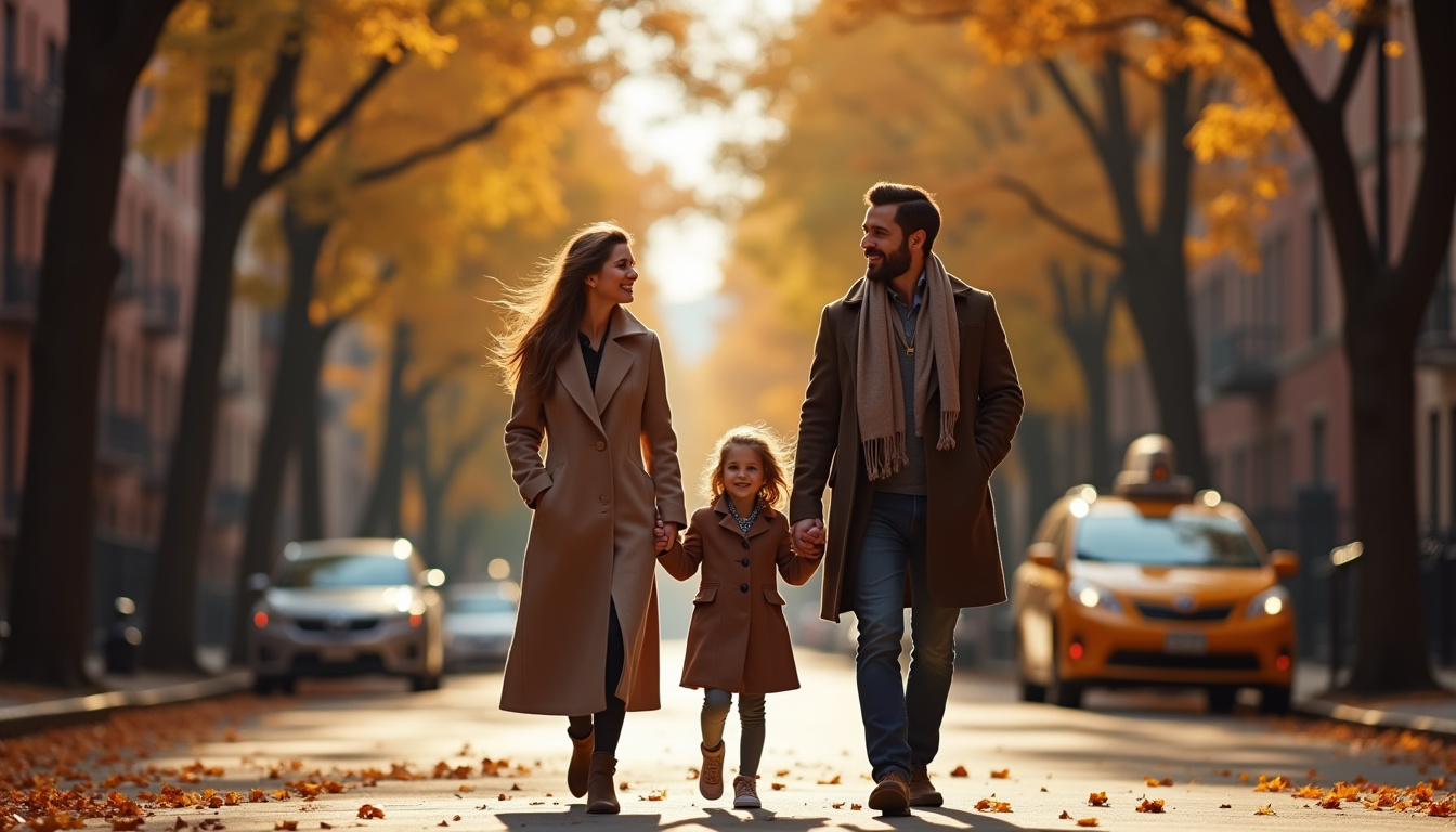 Représentation artistique de Peter Dinklage et Erica Schmidt marchant dans les rues de New York avec leur fille