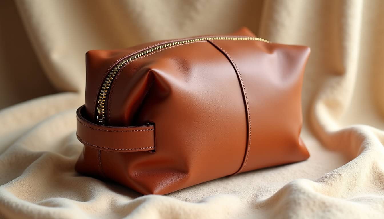 Trousse de toilette en cuir pleine fleur posée sur un tissu beige, montrant les coutures finement travaillées et la fermeture éclair dorée