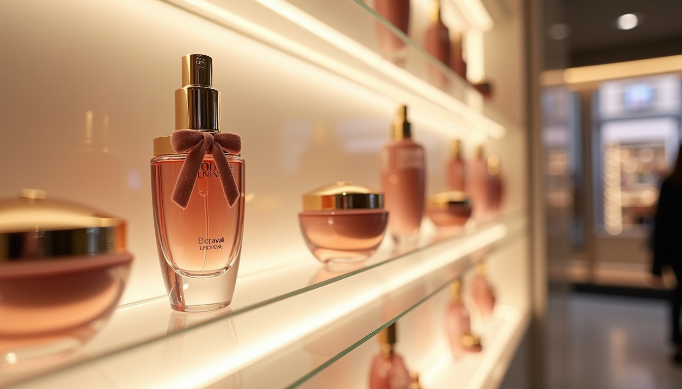 Affichage de produits Lancôme en boutique avec packaging élégant